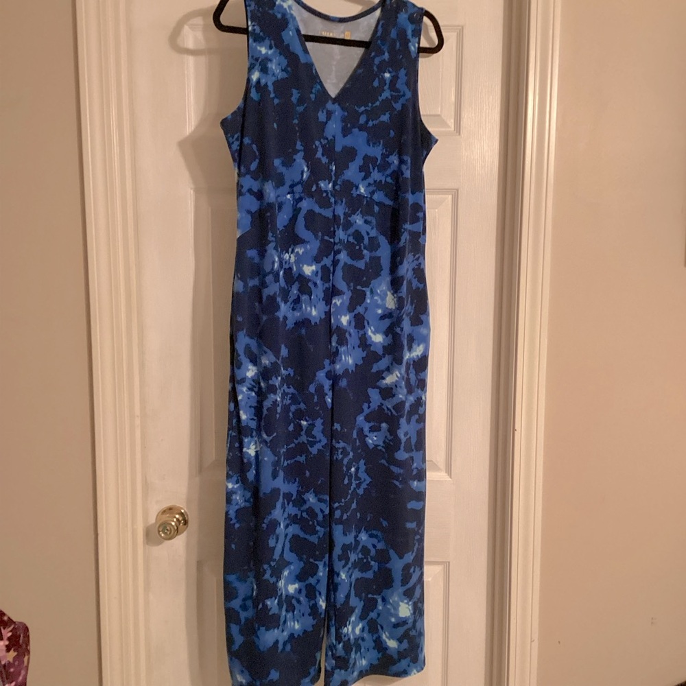 AmberNoon II by Dr. Erum Ilyas Cropped Jumpsuit Pockets Medium, Blue print, EUC
